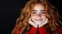 Young redhead woman with freckles and curly ginger hair wearing red sweater smiling with hands on face against dark background, expressing joy and happiness.