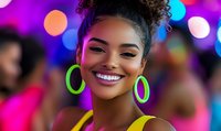 Young woman with natural curly hair and neon green hoop earrings smiling against vibrant bokeh background of purple and pink lights, wearing yellow top.