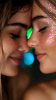 Two young women with glowing neon body paint and glitter makeup sharing an intimate moment. Creative beauty and artistic expression for fashion, cosmetics, and nightlife design projects.