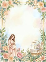 Pregnant woman in pink dress holding belly surrounded by watercolor floral frame with roses, peonies, and botanical elements. Nursery crib included. Perfect for maternity announcements, baby shower invitations, greeting cards, and nursery decor designs.