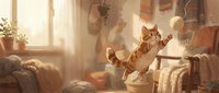 Orange tabby cat jumping playfully in cozy sunlit living room with warm golden light streaming through windows creating magical domestic scene.