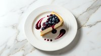 Slice of creamy cheesecake topped with fresh blueberries and berry sauce on white plate against marble background for restaurant menu design.