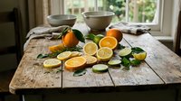 Fresh citrus fruits sliced on rustic wooden table with ceramic bowls and natural kitchen lighting for healthy cooking and food preparation concepts.