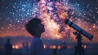 Silhouette of young boy stargazing through telescope against magical night sky with colorful nebula and stars, perfect for astronomy education and childhood dreams themes.