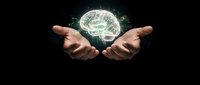 Hands protecting glowing digital brain with neural networks on dark background representing artificial intelligence and mental health concepts.