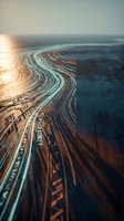 Aerial view of highway interchange with multiple curved lanes creating flowing patterns, illuminated by golden sunlight casting long shadows across asphalt roads for transportation and infrastructure concepts.
