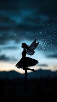 Magical silhouette of fairy with sparkling wings and tutu dress dancing against starry night sky and mountains, dark blue atmosphere with glowing stars.