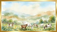 Watercolor pastoral landscape with grazing livestock including cattle and goats in rolling meadow with wildflowers, misty mountains and trees in background. Suitable for home decor, editorial and nature publications.