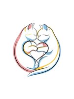 Two cats forming heart shape with tails, minimalist line art design isolated on white background for romantic greeting cards and pet lover gifts.