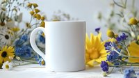 White ceramic mug mockup surrounded by colorful wildflowers, blue cornflowers and yellow daisies on white background, blank for custom design.