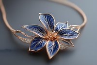 Elegant rose gold necklace featuring delicate blue enamel flower pendant with intricate leaf pattern and crystal accents against blurred gray background.
