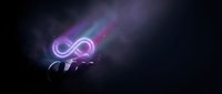 Glowing neon infinity symbol in purple and blue light held in hands against dark smoky background, representing endless possibilities and potential.