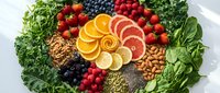Colorful brain-shaped arrangement of fresh fruits, vegetables, nuts and seeds promoting cognitive health and mental wellness nutrition on white background.