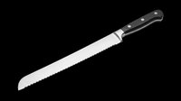 Serrated bread knife with black handle isolated on transparent background, ready for kitchen clipart, print on demand, stickers, T-shirt design, and sublimation use.