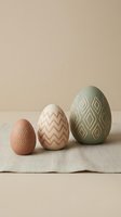 Three decorative Easter eggs with geometric patterns in terracotta, pink and sage green colors on neutral linen fabric background for spring holiday decor.