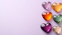 Colorful glossy heart shapes arranged on soft pink background. Metallic glass hearts in purple, orange, green and gold tones create romantic composition.