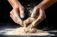 Female hands kneading raw dough on dark background with flour splash and powder flying in freeze motion. Dramatic baking composition for restaurant menu.