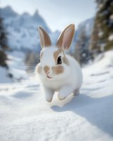 Adorable white and tan rabbit hopping through fresh snow with snowy mountain peaks in background, creating magical winter wildlife scene in nature.