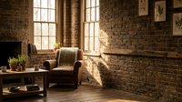 Cozy living room interior with exposed brick walls, vintage leather armchair, wooden floors, and natural sunlight streaming through large windows.