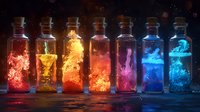 Magical glowing bottles filled with colorful luminescent liquid in rainbow sequence, mystical smoke and energy swirls inside glass containers on dark background.