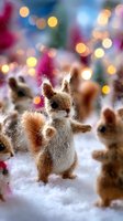 Handcrafted knitted squirrel figurines in winter scene with festive bokeh lights, creating magical holiday atmosphere for seasonal decor.