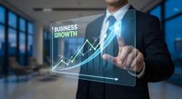 Professional businessman touching holographic business growth chart with upward trending arrow in modern office environment for corporate success presentations.