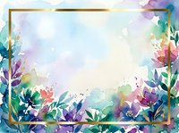 Watercolor floral frame with vibrant blooms in purple, pink, and blue tones featuring gold borders, isolated on white background for invitations and design projects.