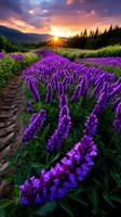 Vibrant purple lavender field stretches toward dramatic mountain sunset, with sunburst peeking through clouds and dirt path leading through blooming rows of fragrant flowers.