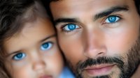 Close up portrait of father and young child with striking blue eyes and dark hair, showing emotional family bond and tender parental connection against dark background.
