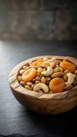 Mixed nuts and dried fruits in wooden bowl on dark slate surface for healthy snacking and cooking ingredients.