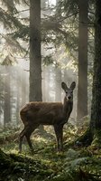Roe deer standing alert in misty coniferous forest with sunlight filtering through trees creating atmospheric woodland scene for nature photography.