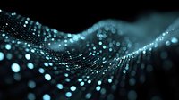 Abstract digital wave of glowing blue particles on black background, creating futuristic network visualization for technology and data concept designs.