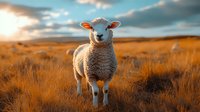 Young lamb standing in golden autumn field during sunset, warm sunlight illuminating woolly coat against dramatic sky and dry grass landscape.