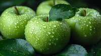 Fresh green apples with water drops and leaves on dark background, macro shot showing crisp texture and natural moisture for healthy eating and food photography.