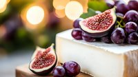 Fresh figs and dark purple grapes arranged on white cheese board with soft bokeh lights in background, elegant food styling for gourmet appetizer presentation.