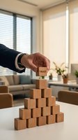 Businessman placing wooden block with trust word on pyramid structure in modern office environment representing leadership and business foundation building.