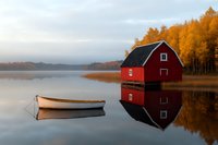 Tranquil autumn lake scene with red wooden boathouse and moored rowboat reflecting in still water, surrounded by golden birch trees in fall colors.