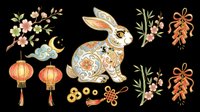Lunar New Year clipart set with ornate rabbit, lanterns, cherry blossoms, bamboo, firecrackers, and coins, isolated on transparent background for print on demand and stickers.