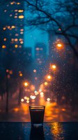 Glass of beverage on wet surface against blurred city lights and street lamps in rainy evening, creating atmospheric bokeh effect with orange glows and reflections.