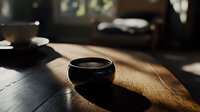 Black ceramic bowl casting dramatic shadow on wooden table surface in moody natural lighting, minimalist composition for food photography and zen aesthetics.