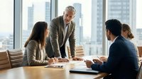Mature male executive with gray hair leading business meeting with diverse team in modern high-rise office overlooking city skyline, discussing strategy and collaboration.