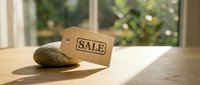 Kraft paper sale tag leaning against a smooth stone on a wooden table in warm sunlight, with a blurred green window background.