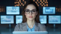 Young Caucasian businesswoman with glasses working late at computer with multiple screens in background, illuminated by soft ambient lighting in modern office environment.