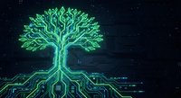 Digital tree with glowing green circuit board branches and electronic pathways on dark starry background representing technology growth and innovation.