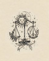 Mystical Libra zodiac sign with sun face and crescent moon scales adorned with stars and floral elements on beige textured background.