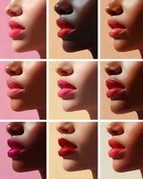 Close-up profile views of diverse women's lips wearing red and pink lipstick shades against neutral backgrounds, showcasing different skin tones and makeup looks.