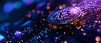 Glowing cryptocurrency coin on circuit board with blue bokeh lights and digital connections, representing modern financial technology and digital currency trading.