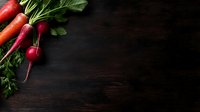 Fresh organic carrots and radishes with green leaves on dark wooden background, moody food photography with copy space for menu or recipe design.