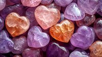 Heart shaped amethyst and rose quartz crystals in purple and pink colors create romantic healing stones background for spiritual and wellness design.