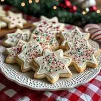 Star-shaped sugar cookies with white frosting and festive red and green sprinkles on white plate, holiday lights and candy canes in background on red checkered cloth.
